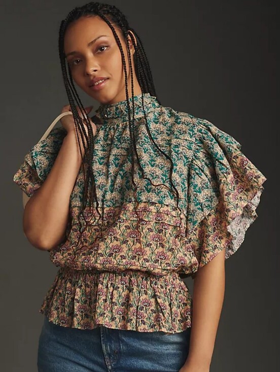 Anthropologie Tops - Anthropologie Let Me Be High-neck Printed Peasant Blouse Flutter Sleeve Size XL